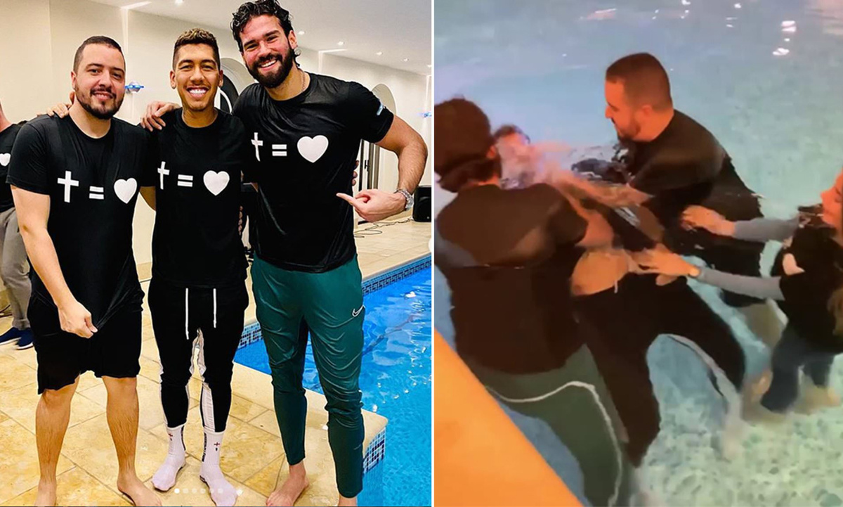 Der brasilianische Fußballstar Roberto Firmino (linkes Bild, Mitte) ist zu einer evangelikalen Freikirche übergetreten. Stolz präsentiert er im Internet Bilder seiner „Taufe“ im Swimmingpool. (Fotos: Instagram)