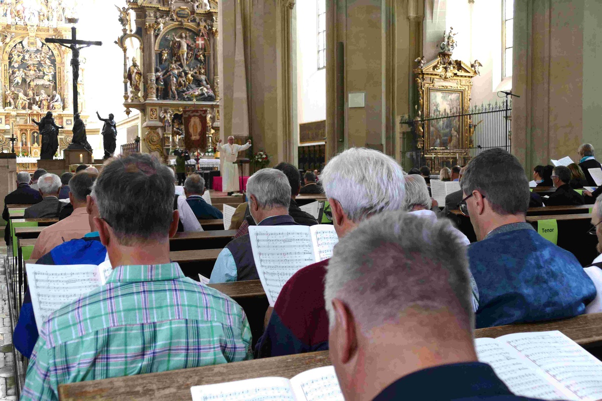 Kirchenchöre bereichern nicht nur die gemeindlichen Gottesdienste mit ihrem Gesang. Sie sind auch Orte, an denen Menschen Gemeinschaft erfahren können, etwa wie auf dem Foto beim Diözesanen Kirchenchortag in der Augsburger Ulrichsbasilika im Juli 2022. (Foto: Kröling)