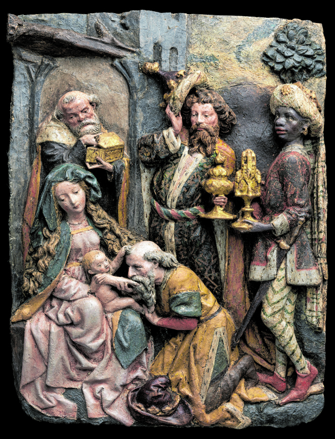 Eine Seltenheit ist diese Anbetung der Könige aus Pappmaché (um 1475, Metropolitan Museum of Art, New York). Liebenswertes Detail: Das göttliche Kind greift dem knienden König in den Bart und in das verbleibende Haarbüschel. (Foto: gem)