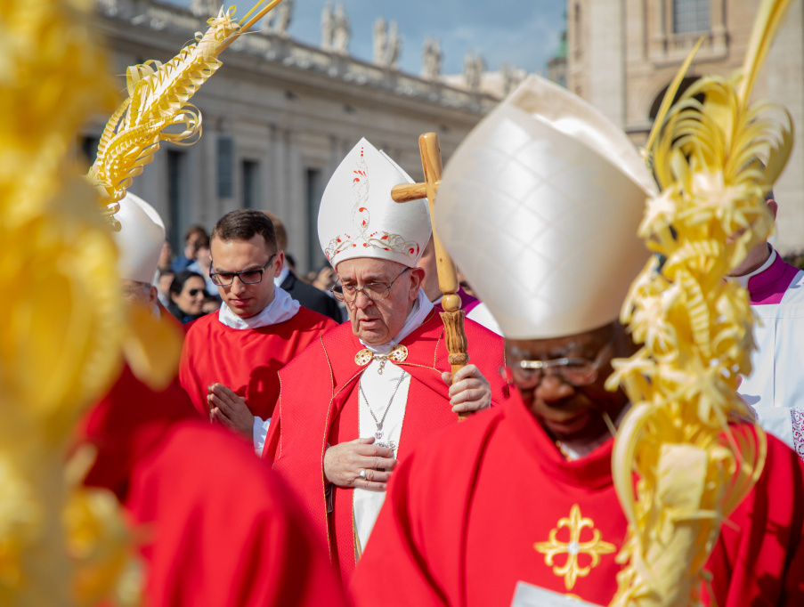 Papst Franziskus zwischen Kardinälen und Bischöfen am Palmsonntag 2019 während der Prozession auf dem Petersplatz im Vatikan. (Foto: KNA)