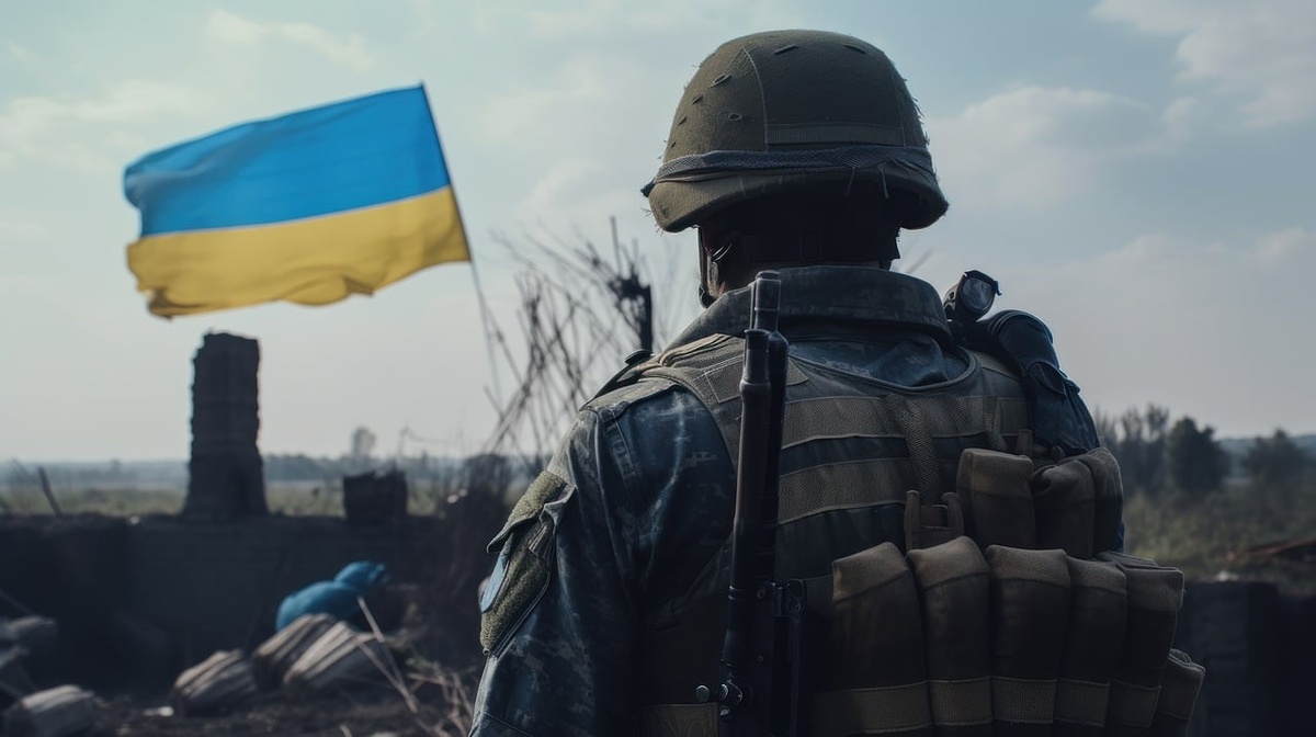 Ein Soldat vor einer Ukraine-Flagge. (Symbolfoto: gem)